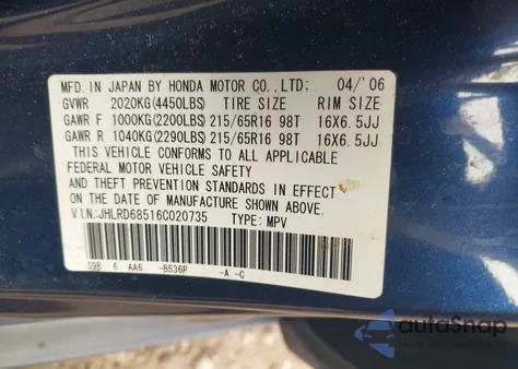 2006 Honda Cr-V Lx from USA, damaged, VIN JHLRD68516C020735